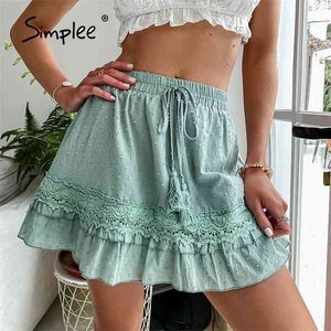 Casual Green Lace Patchwork A-Line Spódnica Lato Elastyczna Talia Tassel Potargowana Mini S Lady Polka Dot Haft 210708