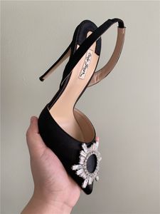 Rahat Tasarımcı Seksi Lady kadın Ayakkabıları Siyah Saten Strappy Wrap Kristal Strass Slingback Sivri Toe Stiletto Stripper Yüksek Topuklu Balo Akşam Pompaları Büyük Boy 44