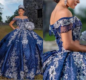 Bling Sequined Tulle Beading Quinceanera Dresses Navy Blue 2022 Ball Gown Off the Shoulder Ivory Flower Applique Sweet 15 16 Girls