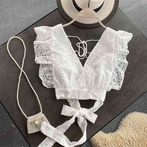 Ins fashion women white crop top hollow out embroidery lace shirt deep v neck ruffles bow tied summer cropped chic tops 210603