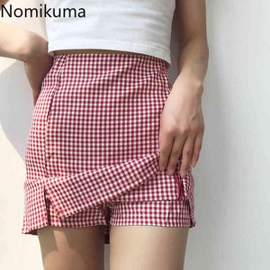 Nomikuma Jupe Vintage xadrez Mini Saia Mulheres Split Design Casual Retro Uma Linha Alta Cintura Saias Feminina Falda Mujer 210514