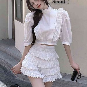 Sommar Sweet Two Piece Set Kvinnor Puff Sleeve Ruffles Shirt Blus + Mini Cake Skirt Suits Fashion Crop Top Kjolar Sets 210514