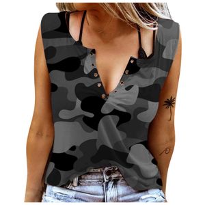 2021 Tanques Mulheres V-Neck Sleevelcamouflage Impressão Casual Tunics Camisas Tops Tee X0507