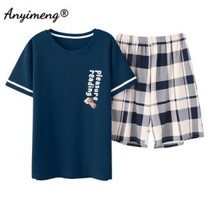 Mens Lounge Wear Summer Pajamas for Man Big Shorts Two Pieces Navy Letter Printing Pullover Leisure Sleep Wear Men Pjs 210901