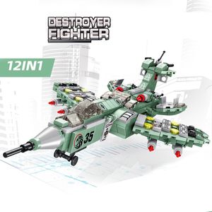 12 in 1 Destoryer Fighter Jet Aircraft Model Plane Kits Building Blocks Bricks Military Toy For Boy