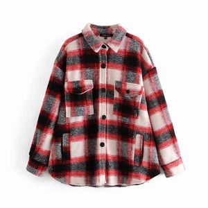 Retro British Style Lapel Long Sleeve Dark Red Woolen Casual Shirt Jacket Spring And Autumn 210521