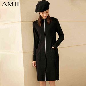 Amii Minimalism Autumn Winter Women's Sweater Dress Causal Knitted Oneck Slim Flim Knee-length Dresses For Women 12030471 G1214