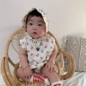 Cherry Baby Boys Jumpsuits Summer One Piece Cotton Infant Girls Bodysuits Sleeveless Free Sun Hat 210429