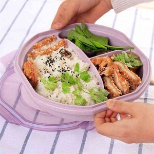 밀 짚 점심 상자 에코 - 친화적 인 라운드 벤토 BPA 무료 휴대용 부엌 보관 용 숟가락 식품 컨테이너 210423