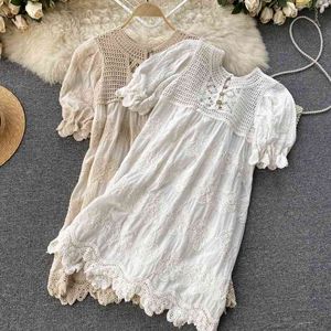 Korean Sweet O Neck Elegant Retro mini Dress Puff Sleeve Frill Hollow Design Loose Large Size loose lace dress vestidos 210420