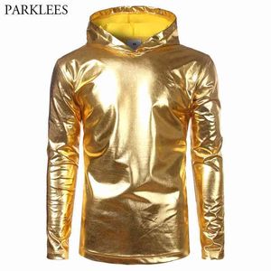 Mens Shiny Gold Coated Metallic Hoodie T Shirt Fashion Nightclub Style Party Disco Stage Shirt Hip Hop Tops Tee Shirt Homme 210522