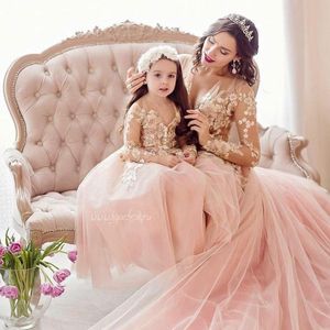 Vestidos de menina rosa para festa de casamento lace apliques de manga longa mãe filha vestidos formais meninas concurso crianças criança vestido de aniversário al7623