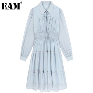 [EAM] Kobiety Niebieskie Plisowane Ruffles Szyfonowa Sukienka Mid-Calf Dress Lapel Długim Rękawem Loose Fit Fashion Spring Summer 1DD8006 210512