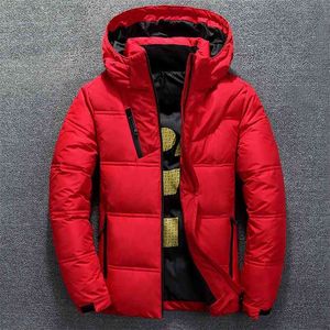 겨울 따뜻한 남자 재킷 코트 캐주얼 가을 스탠드 칼라 복어 두꺼운 모자 화이트 오리 파 카나 남성 남성 겨울 아래로 재킷 210819
