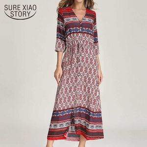 Women dresses long elegant dress harajuku print Ankle-Length V-Neck Empire Summer ladies dress Half Button dress 3837 50 210527