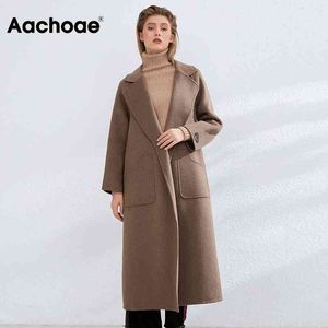 Aachoee Wool Coat Mulheres Batwing Longa Manga Longa Casual Casacos de Longas Escritório Desgaste Bolso Jaqueta Feminino Outono Primavera 210413