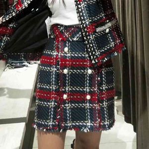 Office mini plaid women High waist tweed christmas winter black skirt Vintage A-line skirts female bottoms 210414