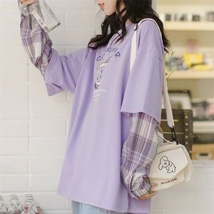 Długi rękaw Fałszywy dwuczęściowy Iris Purple T-shirt Damska Jesień Koreańska wersja Loose Drukowanie All-Match Student Top 210623