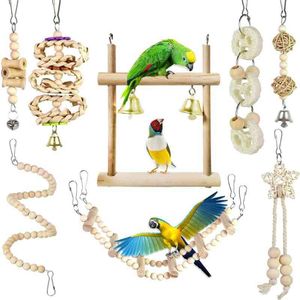 8 pçs / set papagaio brinquedos de madeira Swing Swing Swing Hammock Escalada Escalas Perceitos Brinquedo Parakeet Cockatiels Bird Cage Supplies