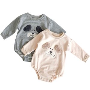 Höst hund tryck kläder baby bodysuits tjock loop rund nacke spädbarn bomull tjejer jumpsuit med huvudband 210417