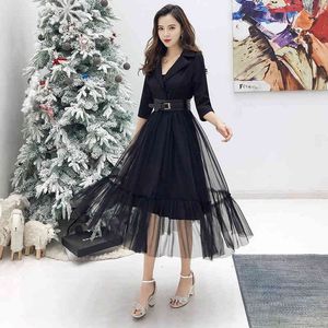 Chic Elegant OL Notched Collar Blazer Patchwork Tulle Mesh Party Office Trend Women High Waist Belt Long Dress 210416