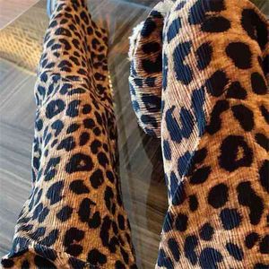 Calças para mulheres Brown Leopard Jogadores Mulheres Cintura Alta Flare Calças Dupla Camada Malha E Menina Calças Estéticas Femininas Sweatpants Q0801
