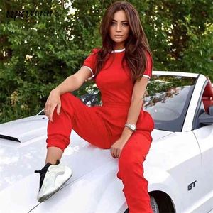 Free Women Casual Solid Color Summer Set Round Neck Short Sleeve Turtleneck Jumpsuit & Trousers Two-Piece 210524