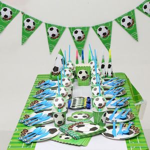 Stoviglie usa e getta Calcio Calcio Tema Set di decorazioni per feste di compleanno per bambini Piatto per tazze Borsa per bottino di paglia Bandiera Decorazioni per baby shower