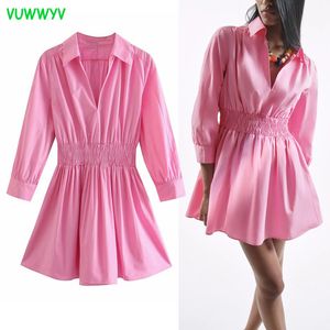 VUWWYV Women Dresses Pink Shirt Collared Mini Dress Woman Puff Sleeve Pleated Poplin Ladies Summer Elastic Waist 210430