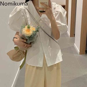 ノモイマパフスリーブシャツ女性夏のターンダウンカラーシングルブレスト気質ファッションホワイトブラウスBlusas Mujer 210514