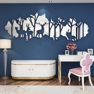 Big size Forest Deer Acrylic Mirror wall stickers living room Personalized 3d Wall stickers Interior decoration Home decor 210705