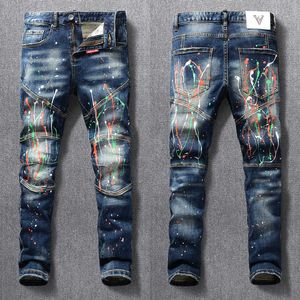 Amerikanska streetwear mode män jeans målade designer slim fit elastic punk byxor spliced ​​biker jeans homme hip hop byxor 211009