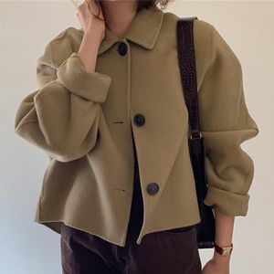 Kvinnorsullblandningar Koreanska Chic Vintage Manteau Femme Lapel Loose Kaki Långärmad Woolen Coat Kvinnor Kort Jacka Overcoat Outwear