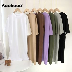 AACHOAEの女性のカジュアルな緩い堅実な100％コットンTシャツのドレスoネックミニドレスバットウィング半袖基本的なドレスvestidos 210413