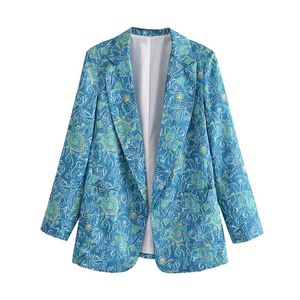 Fatos femininos blazers senhoras impressão floral casual azul blazer de mangas de mangas compridas escritório solto moda viajante
