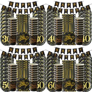 Engångs servis 30 40 50 års jubileumsbordsåverkan Set Black Gold Birthday Party Decorations Adult Supplies