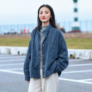 Johnature Women Spring Autumn Safari Style Jackets Coats One Size Cotton Solid Color Loose Button Pockets Women Jackets 210521