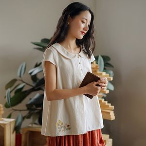 Johnature женщины вышивальные рубашки и топы питер Pan Woly Sweet Mori Girl Blouses лето с коротким рукавом женские рубашки 210521