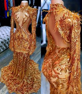 Luxury Mermaid Evening Dresses With Long Sleeves High Neck Feather Sexy Backless Sparkly Gold Sequins Custom Made Plus Size Prom Dress Party Gown vestidos