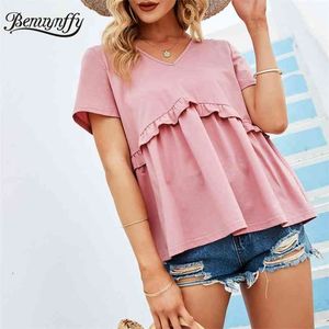 Com pescoço em v fralar sólido acabamento peplum top blusa mulheres verão manga curta coreano doce casual blusas mujer 210510