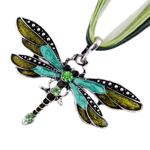 Dragonfly Pendant Necklace Vintage Ribbon Cord Purple Red Green Crystal Bead Jewelry for Women Girls