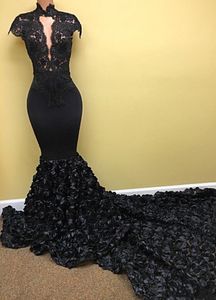 Seksi Yüksek Boyun Abiye Lüks Boncuklu 3D Çiçekler Balo Abiye Cap Sleeve Mermaid Vestido de Fiesta Kıyafeti