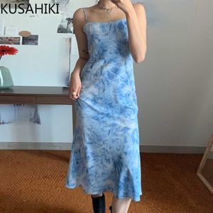 Summer Tie Dye Spaghetti Strap Dresses Korean Sexy Strapless Square Collar Vestidos Chic Bodycorn Dress 6H418 210603