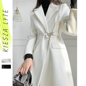 معطف الصوف طويل سترة معطف الشتاء للنساء ضئيلة الصوف الأبيض الصوف معطف مكتب السيدات فام الأزياء الملابس 210930