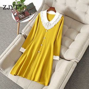 Jesień Zima Moda Z Długim Rękawem Dziewiarski Sweter Sukienki Kobiety Ubrania Elegancka Koronkowa Kołnierz Festa Casual Robe Femme Vestidos 210601