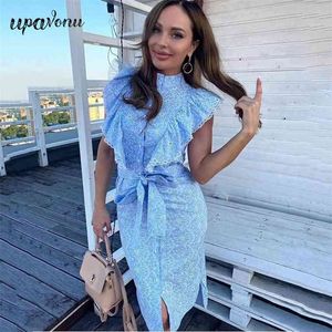 Darmowe kobiety Single-Piersi Sukienka Drukowana Elegancka stand-Up Collar Ruffle Sleeve Slim Krawat Wakacje Vestidos 210524