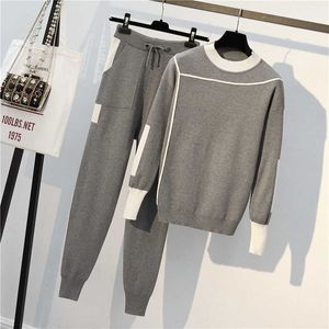 Höst Winter Plus Size Tracksuit Kvinnor Knitted 2 stycken Set Långärmad Pullovers Sweater Pocket Byxor Passar Outfits P162 Y0625