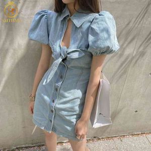 Sexig Bowknot Puff Sleeve Denim Dress Women Slim French Vintage Runway Style Design Sommarklänningar Vestidos 210520