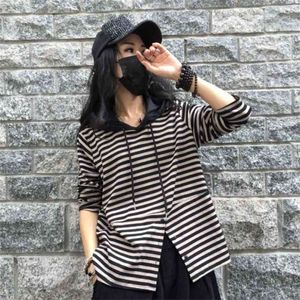 Vår Höstkonst Stil Kvinnor Långärmad Lös Hooded Tee Femme Toppar Bomull Striped Casual Tshirt Plus Size V235 210512