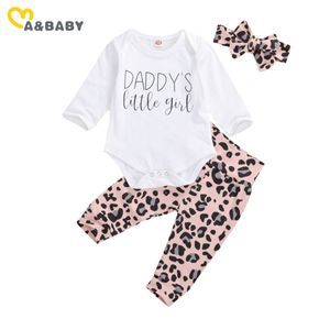0-24M Leopard Born Infantile Vestiti per neonata Set Pagliaccetto di papà + Pantaloni Fascia per capelli Abiti autunnali carini 210515
